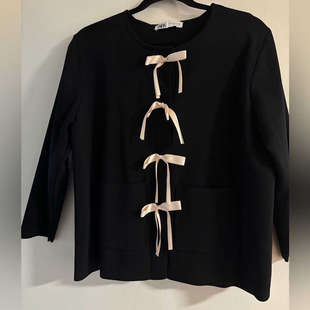 ZARA Black Cardigan with Cream Ribbon Ties